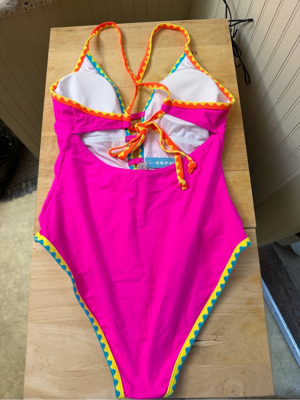 Popvil. Shell Trim Front Strappy Back Tie Hotpink One Piece Swimsuit - Picture 2 of 6